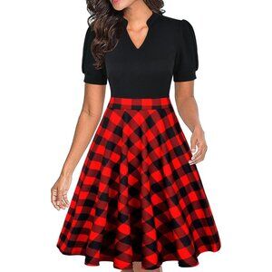 Women Buffalo PlaidShort Puff Sleeve Flare Semi-Formal Summer Dress With Pockets